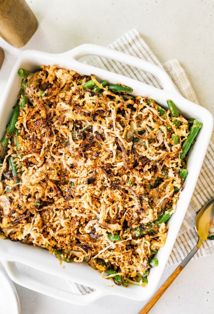 Healthy green bean casserole in a baking dish.