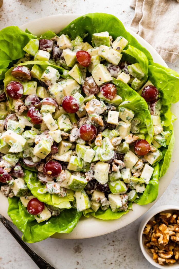 A Waldorf salad with sliced apples and grapes served on a bed of lettuce.