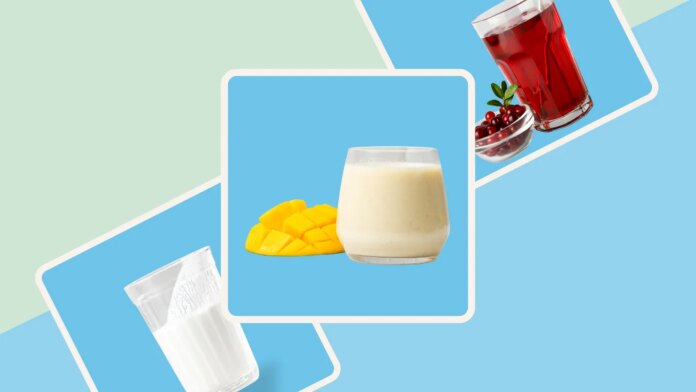 Keffir, Mango smoothie, cranberry juice