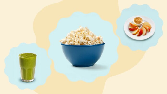 Smoothie, popcorn, apples and peanut butter